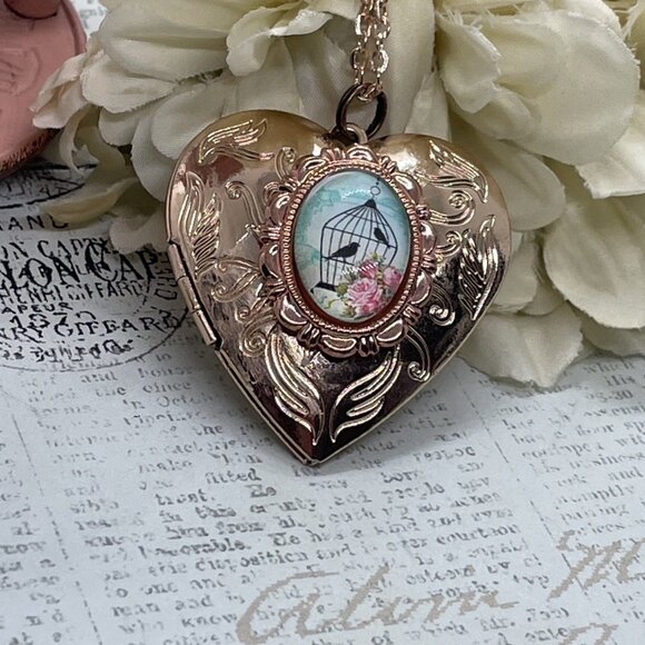Victorian Bird Cage Blue Mom Wife Christmas Rose Gold Heart Locket Anniversary - Picture 3 of 10